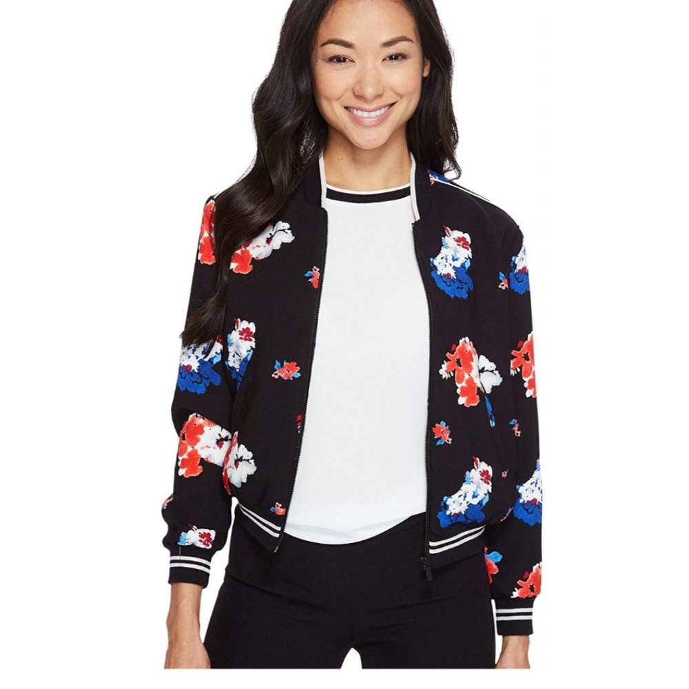Floral Bomber Jacket - Black with Red & Blue Blooms